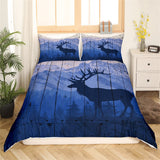 Maxcorners Deer Hunting Duvet Cover, Wild Animal Silhouette Snowy Mount Nature View Quilt Cover, Rustic Wooden Plank Bedding Set