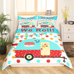 Maxcorners Colorful Camper Duvet Cover, Cute Cartoon RV Camping Trailer Bedding Set