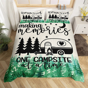 Maxcorners Happy Camping Duvet Cover for RV Decor, Camper Trailer Graffiti Rustic Bedding Set