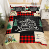 Maxcorners Rustic Bear Duvet Cover, Nature Adventure Mount Tree Graffiti Quilt Cover, Boho Feather Arrow Retro Black Red Plaid Bedding Set