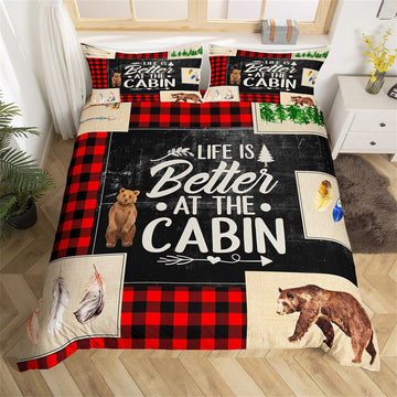 Maxcorners Rustic Cabin Duvet Cover, Wild Bear Jungle Tree Boho Arrow Feather Bedding Set