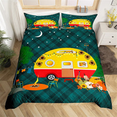 Maxcorners Camping Trailer Handmade Duvet Cover, Cartoon RV Camp Tent Botanical Pumpkin Quilt Cover, Geometric Retro Plaids Bedding Set
