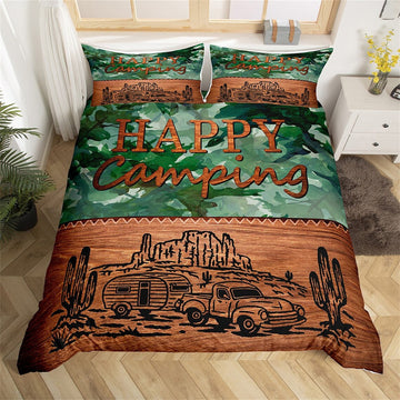 Maxcorners Happy Camping Duvet Cover, Green Botanical Leaves Mount Cactus Graffiti Quilt Cover, Natural Adventure Bedding Set for RV Decor