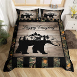 Maxcorners Wild Bear Duvet Cover, Animal Silhouette Jungle Mount Rustic Wooden Board Quilt Cover, Green Camouflage Black Stripes Bedding Set