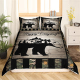 Maxcorners Wild Bear Duvet Cover, Animal Silhouette Jungle Mount Rustic Wooden Board Quilt Cover, Green Camouflage Black Stripes Bedding Set