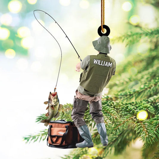 Maxcorners Custom Name Fishing Christmas Ornament, Fishing Man Acrylic Ornament, Christmas Gift For Him