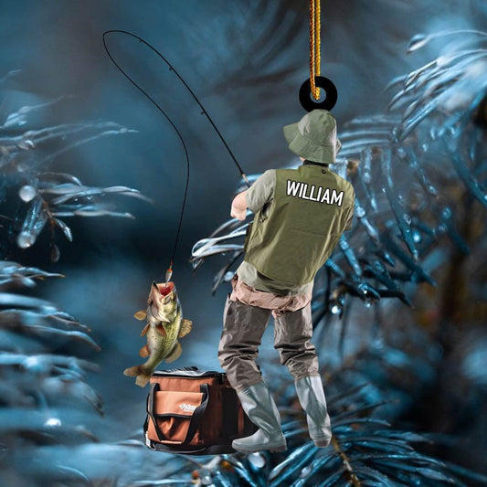 Maxcorners Custom Name Fishing Christmas Ornament, Fishing Man Acrylic Ornament, Christmas Gift For Him