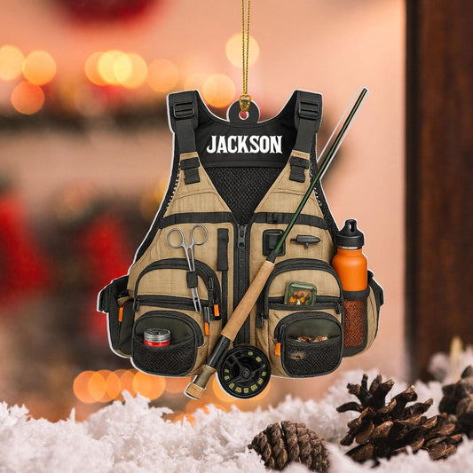 Maxcorners Fisherman Jacket Custom Name Acrylic Ornament, Fishing Ornament, Christmas Tree Decor