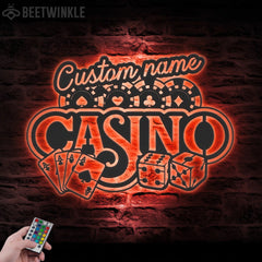Maxcorners Custom Casino Playing Cards Chips Gambling Dice Poker Metal Wall Art LED Light - Personalized Gamer Name Sign Home Decor Game Zone DecorationLM1009