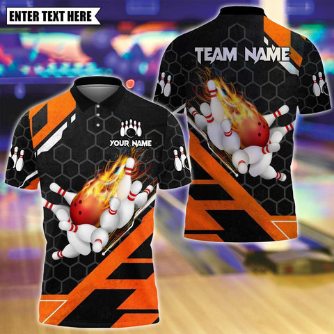 Maxcorners Custom Bowling Polo Shirt, Flame Bowling Design, Personalized Bowling Polo for Men Women,Personalized Name Team 3D Shirt Orange TU1809
