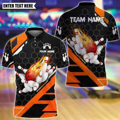 Maxcorners Custom Bowling Polo Shirt, Flame Bowling Design, Personalized Bowling Polo for Men Women,Personalized Name Team 3D Shirt Orange TU1809