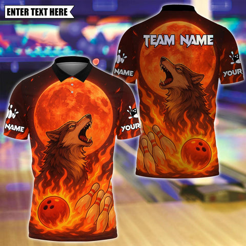 Maxcorners Custom Bowling Polo Shirt, Flame Moon Wolf Bowling Design, Personalized Bowling Polo for Men Women,Personalized Name Team 3D Shirt Red TU1809