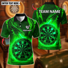 Maxcorners Personalized Name Dart Polo Shirt, Dragon With Flame Dartboard Design ,Custom Team Shirt for Men, Gift for Darts Players Green TU1809
