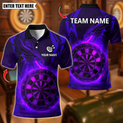 Maxcorners Personalized Name Dart Polo Shirt, Dragon With Flame Dartboard Design ,Custom Team Shirt for Men, Gift for Darts Players Purple TU1809