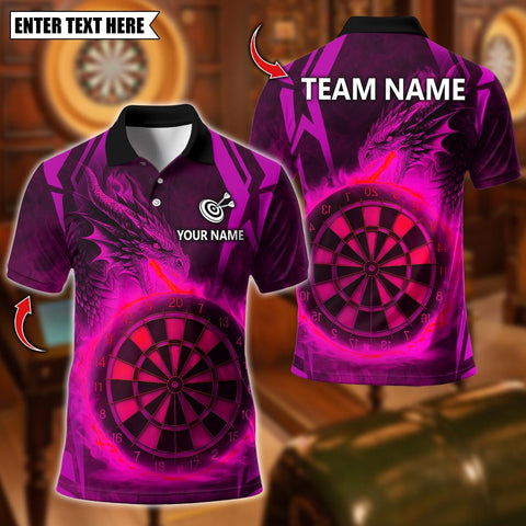 Maxcorners Personalized Name Dart Polo Shirt, Dragon With Flame Dartboard Design ,Custom Team Shirt for Men, Gift for Darts Players Pink TU1809