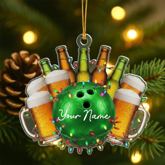 Maxcorners Custom Bowling and Beer Ornament 2025, Personalized Christmas Gift for Him, Funny Holiday Tree Decor, Custom Name Keepsake LM1111