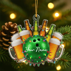 Maxcorners Custom Bowling and Beer Ornament 2025, Personalized Christmas Gift for Him, Funny Holiday Tree Decor, Custom Name Keepsake LM1111