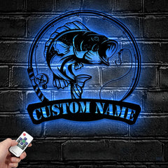 Maxcorners Custom Bass Fishing Metal Sign Fish Wall Art With LED Light