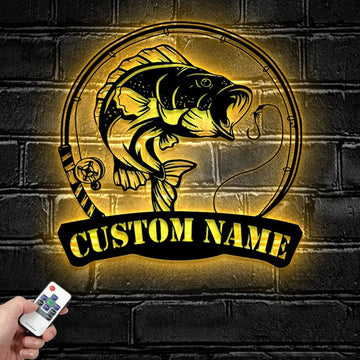 Maxcorners Custom Bass Fishing Metal Sign Fish Wall Art With LED Light