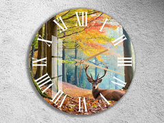 Maxcorners Fall Forest Deer Tempered Glass Wall Clock: Wildlife Decor TU3012