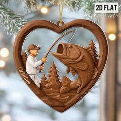Maxcorners Custom Faux Wood 2D Flat Christmas Fisherman Acrylic Ornament – Faux 3D Fishing Lover Acrylic Ornament, Xmas Fisherman Keepsake
 2D Flat