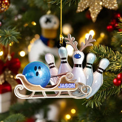 Maxcorners Blue Personalized Bowling Ornament with Custom Name, Funny Bowling Christmas Gift for Players, Unique Bowling Ball and Pin Tree Decoration MT1611