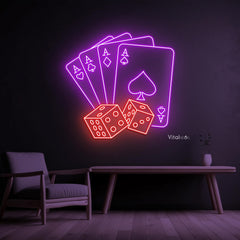 Maxcorners Poker Cards & Dice Neon Sign, Casino Led Light Wall Art, Poker Room Wall DecorLM1009