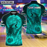 Maxcorners Custom Bowling Polo Shirt, Flame Moon Wolf Bowling Design, Personalized Bowling Polo for Men Women,Personalized Name Team 3D Shirt Cyan TU1809