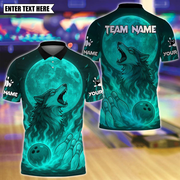 Maxcorners Custom Bowling Polo Shirt, Flame Moon Wolf Bowling Design, Personalized Bowling Polo for Men Women,Personalized Name Team 3D Shirt Cyan TU1809