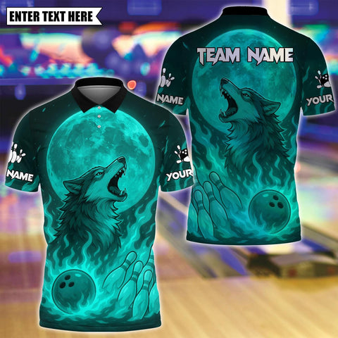 Maxcorners Custom Bowling Polo Shirt, Flame Moon Wolf Bowling Design, Personalized Bowling Polo for Men Women,Personalized Name Team 3D Shirt Cyan TU1809
