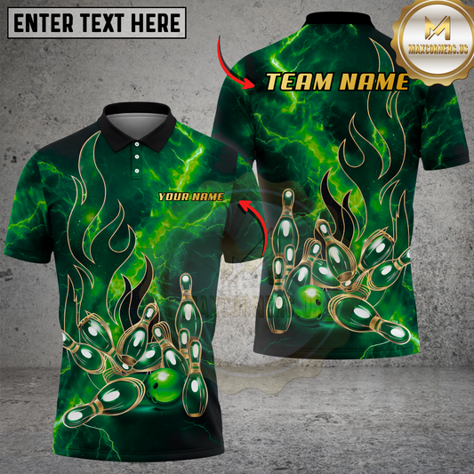 Maxcorners Bowling Shirt Blue Lightning Strike Pins Energy Flame Design Multicolor Options Personalized Name, Team Name 3D Shirt (4 Colors)
