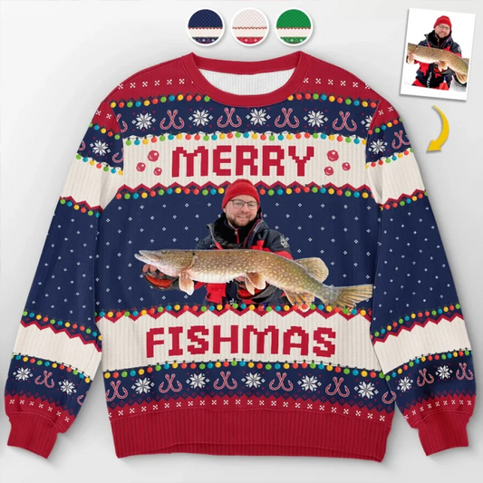 Maxcorners Custom Photo Merry Fishmas Sweater, Funny Fisherman Ugly Sweater, Fishing Ugly Christmas Sweater