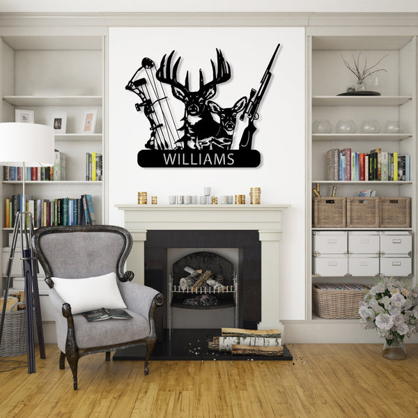 Maxcorners Personalized Deer Hunter Metal Wall Art, Custom Name Bow and Hunting Rifle Sign, Deer Hunting Wall Hanging, Hunter Gift LM0110
