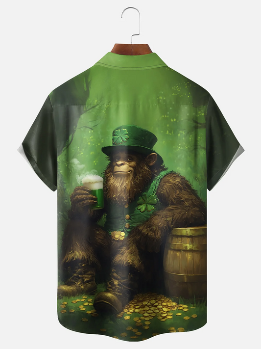 Maxcorners St. Patrick's Day Bigfoot Four Leaf Beer Hawaiian Golf Shirt, Holiday Hawaiian Shirt, Tropical Vibe Men's Golf Shirt