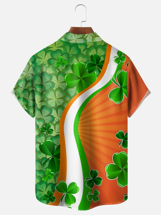 Maxcorners St. Patrick's Day Lucky Four Leaf Clover Orange And Green Hawaiian Golf Shirt, Tropical Vibe Men's Golf Shirt