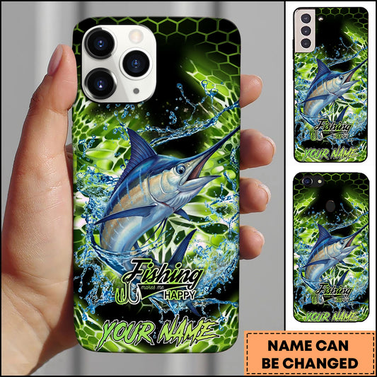 Maxcorners Marlin Fishing Neon Green Honeycomb Water Splash Personalized Name Phone Case