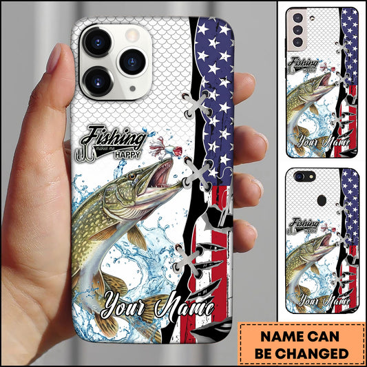 Maxcorners Pike Fishing American Flag Patriotic Water Splash Personalized Name Phone Case