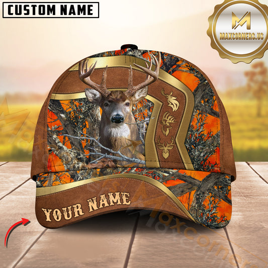 Maxcorners Deer Hunting Camo Forest Leather Curve Gold Trim Pattern Personalized Name 3D Cap (6 Colors)