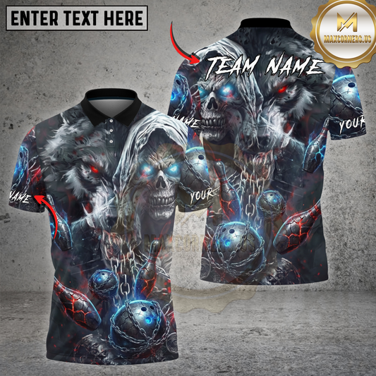 Maxcorners Skull Wolf Bowling Shirt Dark Fantasy Wolf Skull Chain Design Multicolor Options Personalized Name, Team Name 3D Shirt (4 Colors)
