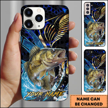 Maxcorners Walleye Fishing Blue Honeycomb Splash Art Personalized Name Phone Case