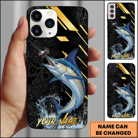 Maxcorners Marlin Fishing Luxury Black Gold Lightning Splash Personalized Name Phone Case