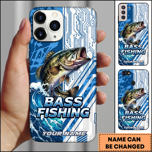 Maxcorners Bass Fishing Phone Case  Circuit Board Tech Blue Sport Design Personalized Name Phone Case