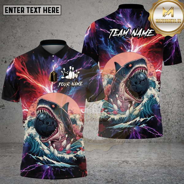 Maxcorners Bowling Shark Ocean Wave Splash Design Multi Options Personalized Name Team Name 3D Shirt