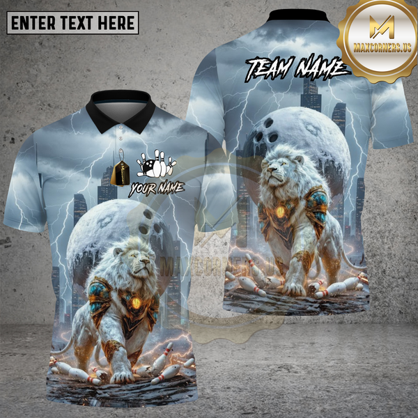 Maxcorners Bowling White Lion Lightning Moonlight Design Multi Options Personalized Name Team Name 3D Shirt