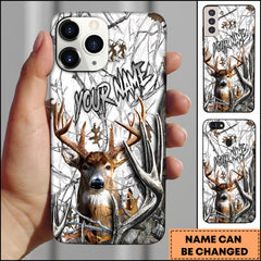 Maxcorners Hunting Phone Case Realistic Whitetail Deer In Deep Forest Camo Background Personalized Name Phone Case | White