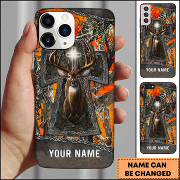 Maxcorners Hunting Phone Case Christian Cross Deer Faith Hunting Camo Design Personalized Name Phone Case | Orange