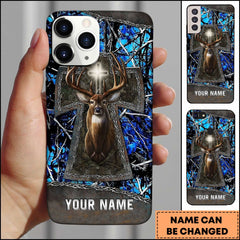 Maxcorners Hunting Phone Case Christian Cross Deer Faith Hunting Camo Design Personalized Name Phone Case | Blue