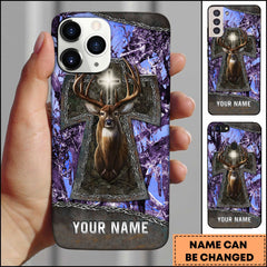 Maxcorners Hunting Phone Case Christian Cross Deer Faith Hunting Camo Design Personalized Name Phone Case | Purple