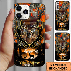 Maxcorners Hunting Phone Case Majestic Buck Antler Frame Full Moon Forest Camo Scene Personalized Name Phone Case | Orange