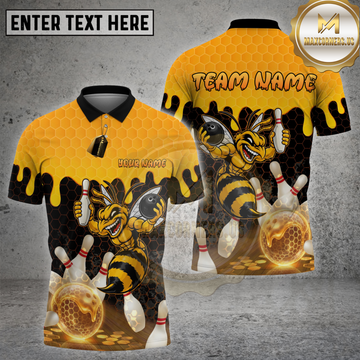 Maxcorners Bowling Shirt Honey Bee Cartoon Strike Design Multi Options Personalized Name, Team Name 3D Shirt